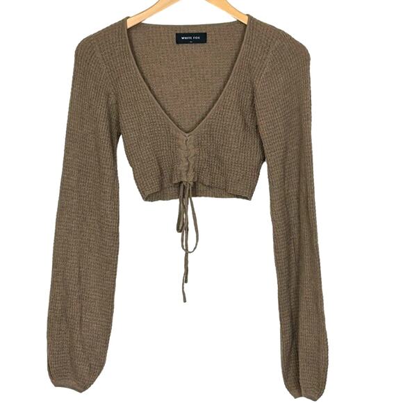 White Fox Cropped Balloon Sleeve Neutral Minimalist Sweater NEW Size Small - Picture 7 of 7